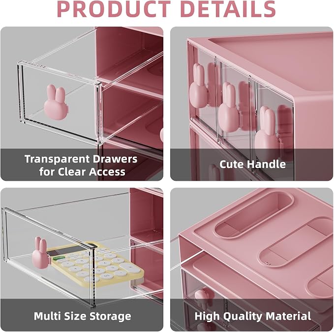 Marbrasse Desk Organizer with 6 Drawers, 3 Tier Stackable Storage Drawers Plastic Makeup Storage, Office Organizers and Storage, Desk Storage Box for Office, School, Home Pink - Image 5