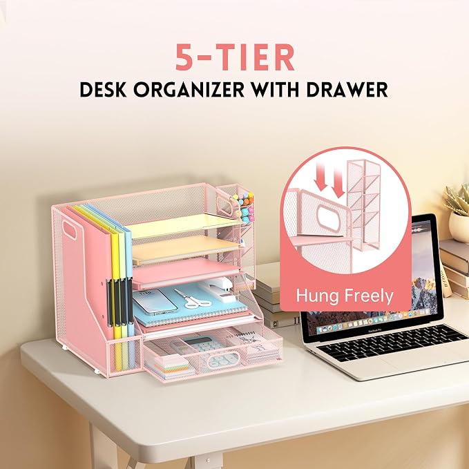5-Tier Desk Organizer with File Holder & Pen Holder & Sliding Drawer, Pink | Mesh Metal Paper Letter Tray for Papers, Mail, Office Supplies, and Desk Accessories - Image 4