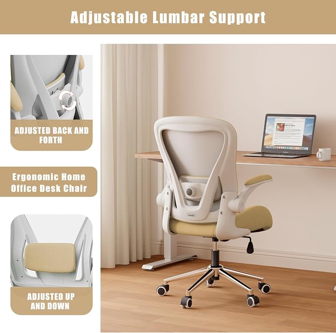 Kahki Ergonomic Office Desk Chair, Soft Fabric Thickened Curved seat Cushion with Adjustable Lumbar Support, Perfect Blend of Comfort and Good Looks, Ideal Chair for Home or Office, Khaki - Image 4