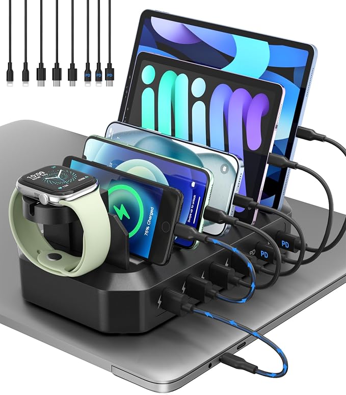95W Fast Charging Station for Multiple Devices, 6-Port USB Charging Dock | Patent & Safety Certs, 2 PD Ports, With 8 Cables, 2 Stands, Compatible with Cellphones/iPad/MacBook/Kindle/Tablets by HSicily