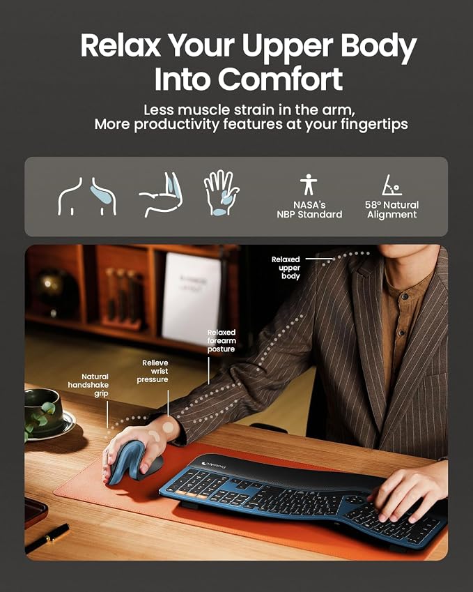 ProtoArc EM11 NL Wireless Ergonomic Mouse, Rechargeable Vertical Mouse | 58° vertical design supports a natural wrist posture, connect 3 devices via Bluetooth/2.4G USB-A, 500mAh USB-C rechargeable. - Image 5
