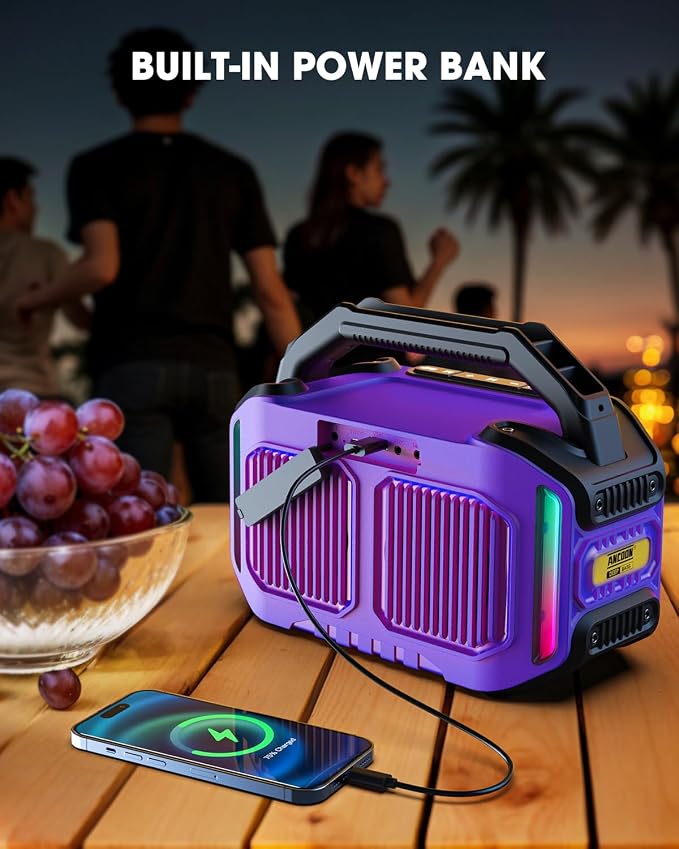 ANCOON Speakers Bluetooth Wireless: 80W(Peak) Loud Speaker with Bass, 20H Playtime, IPX6 Waterproof, Large Jobsite Speakers for Work, Outdoor, Workshop, Garage, Portable Speaker with TWS (Purple) - Image 7