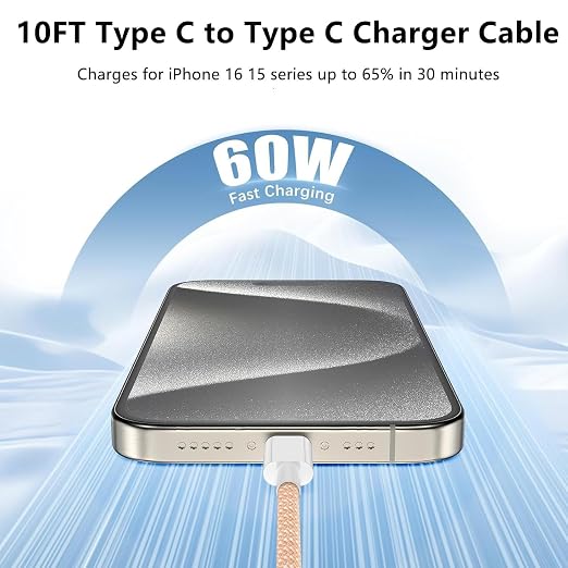 USB C to C Charger Cable 10ft, 60W Type C to C Fast Charging Cable Cord Long for Apple iPhone 17 Pro Max/17 Air/16 Pro Max/16 Pro/15 Plus/15 Pro Max/MacBook 2021/2020/2019,iPad Pro/Mini/Samsung Galaxy - Image 3