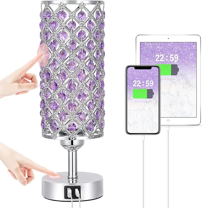 Crystal Table Lamp, 3 Way Dimmable Touch Lamps for Night Stands, Purple | Purple Crystal Table Lamp with USB C+A 3-Way Dimmable Bedside Lamp by Hong-in