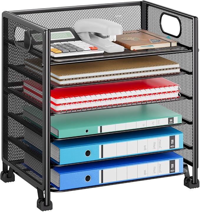Simple Trending 6-Tier Paper Tray Organizer, File Organizer for Desk, Black | Letter Tray Holder with Handle. Sturdy Metal Frame. Non-slip Feet. Black for Office Home School. 13"L x 8.75"W x 14.6"H by SimpleTrending