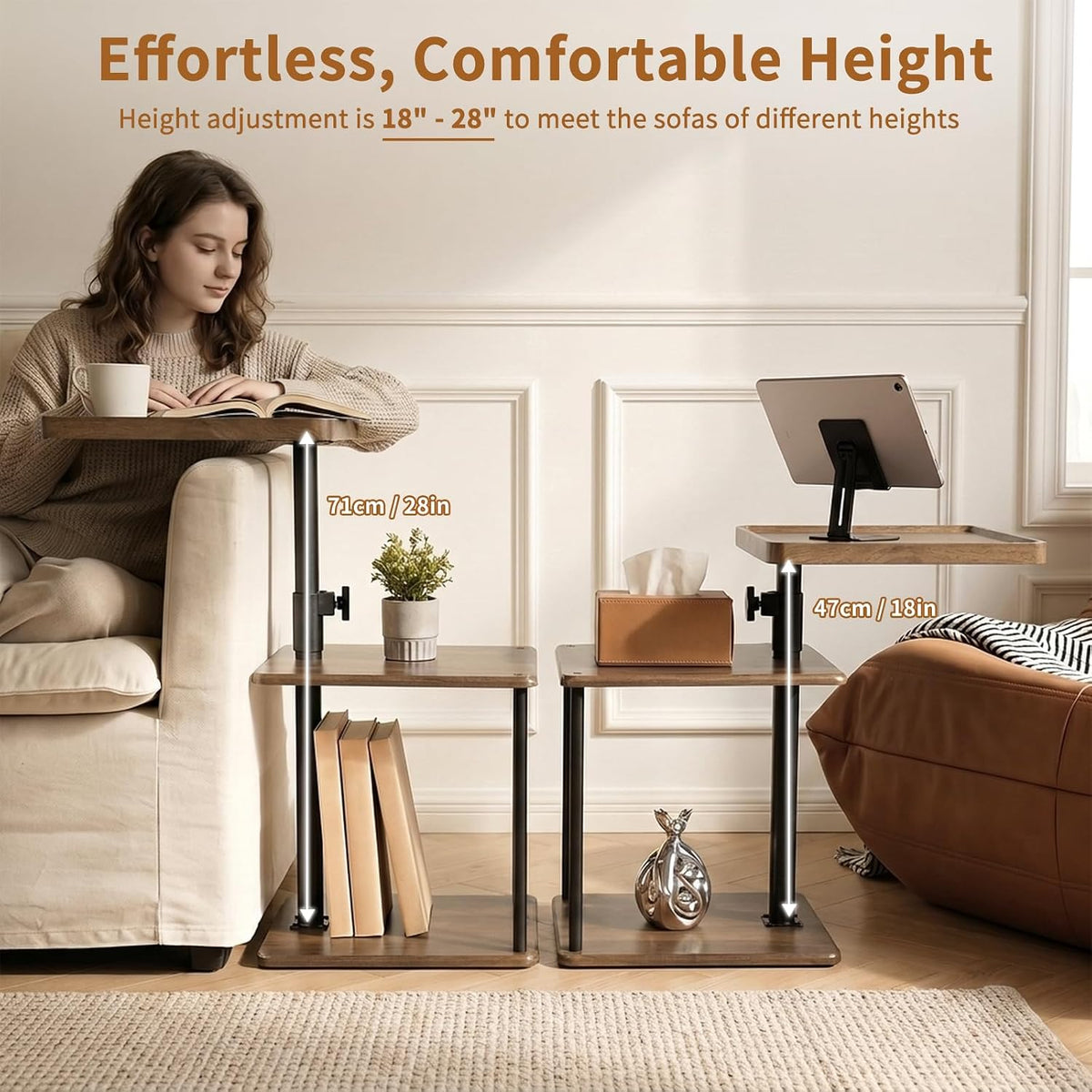 Rolling Side Table, Adjustable Swivel End Table - Image 3