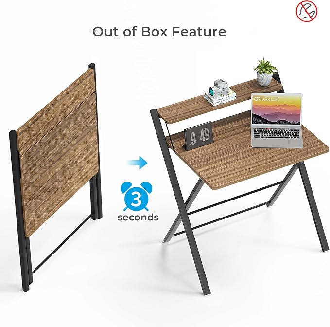 GreenForest Folding Desk No Assembly, Sturdy Computer Desk for Small Spaces | Portable Foldable Table for Laptop, 2-Tier Compact with Shelf, Space Saving for Home Office, Dorm, Apartment, 24"x 30" Walnut - Image 4