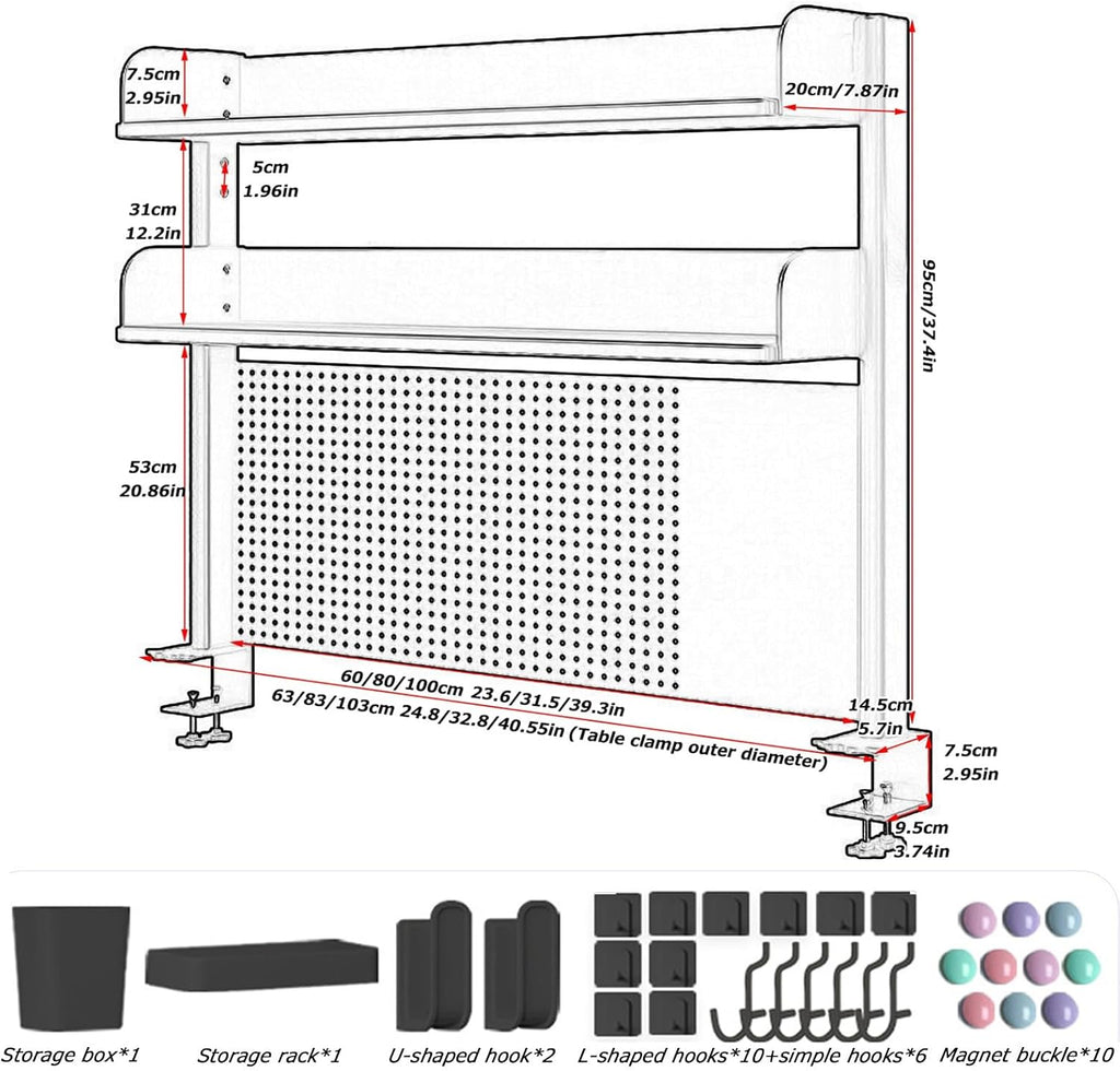 Clamp On Desk Organizer Shelf, BLACK Desk Extender Pegboard Workstation,Computer Desk Accessories for Office, Privacy Panel for Gaming Desk,23.6/31.4/39.3in Desktop Shelving (BLACK, 60cm/23.6in) - Image 3