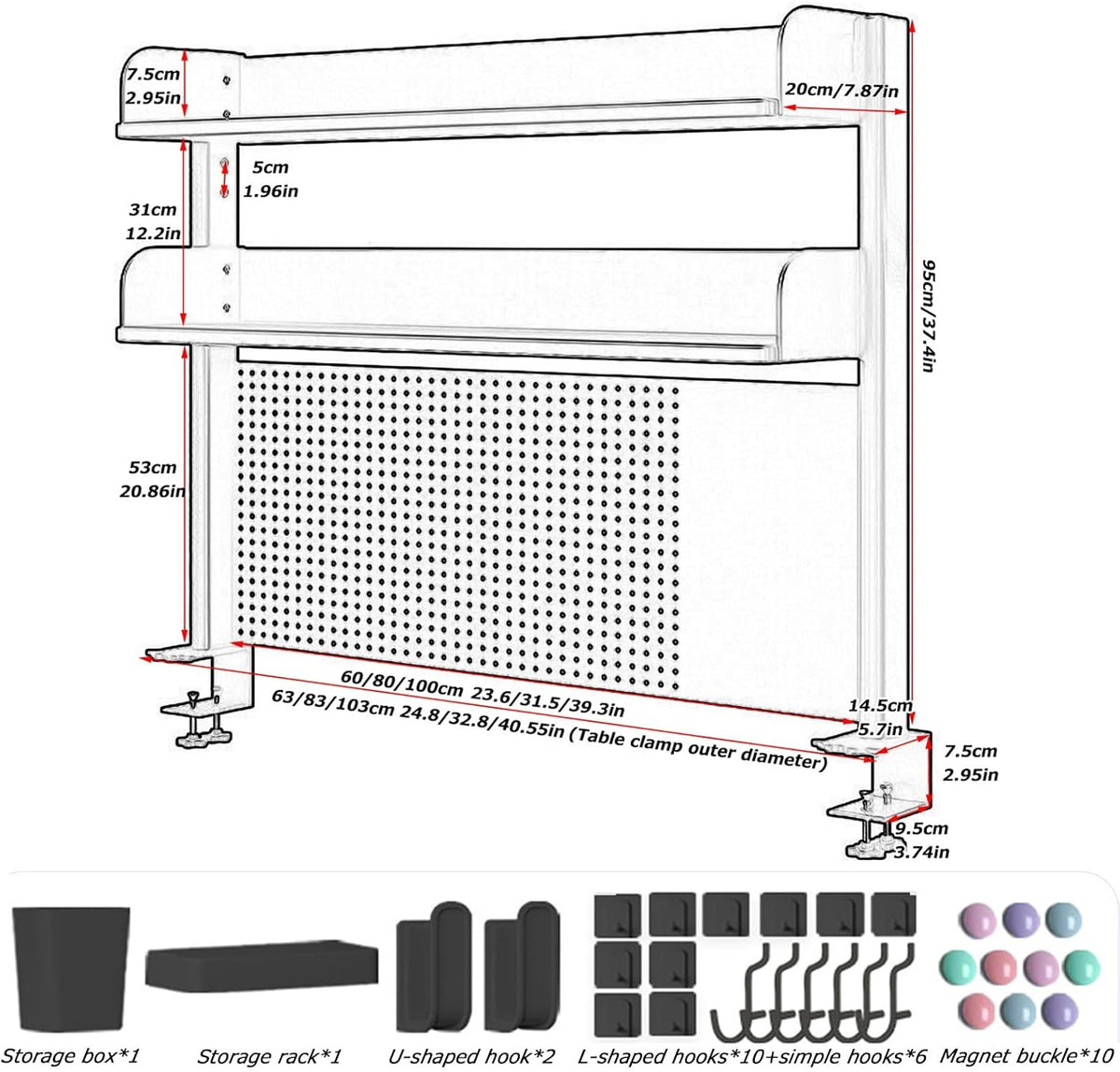 Clamp On Desk Organizer Shelf, BLACK Desk Extender Pegboard Workstation,Computer Desk Accessories for Office, Privacy Panel for Gaming Desk,23.6/31.4/39.3in Desktop Shelving (BLACK, 60cm/23.6in) - Image 3
