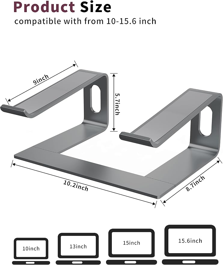 ALASHI Laptop Stand for Desk, Aluminum Computer Riser, Ergonomic Notebook Holder, Detachable Metal Laptops Elevator, PC Cooling Mount Support 10 to 15.6 Inches Notebook, Grey - Image 2