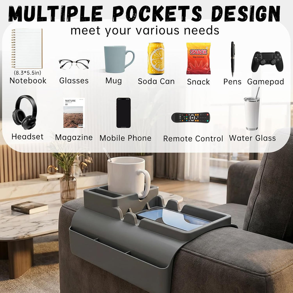 2 PCS Couch Cup Holder Tray, Sofa Armrest Tray with Side Pockets - Image 4