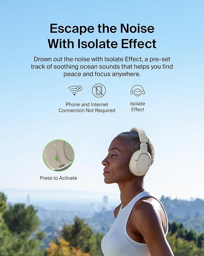 Belkin Isolate Over-Ear ANC Headphones, CloudCushion, 60H | Hybrid active noise cancelling, Bluetooth 5.4, foldable, multipoint, travel, home, office, USB-C and 3.5mm cable - Image 3