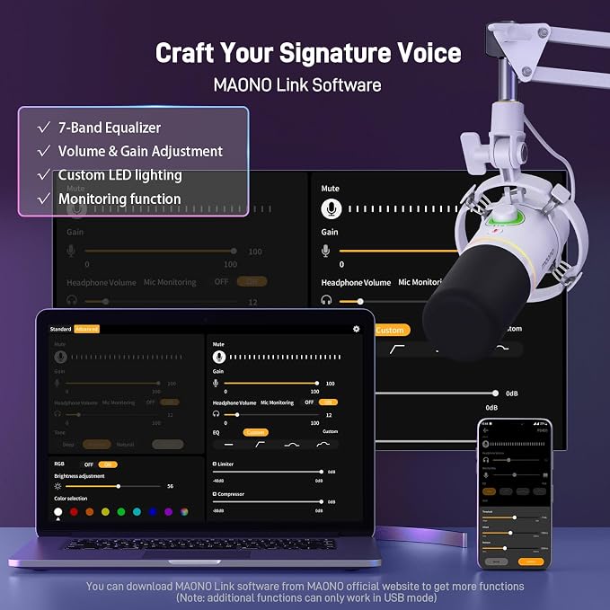 MAONO PD200XS XLR/USB Dynamic Microphone Kit, RGB Gaming Mic with Software | PC Mic with Mute, Gain Knob, Volume Control, Boom Arm for Streaming, Gaming, Podcasting, Voice-Over, Recording, White - Image 4