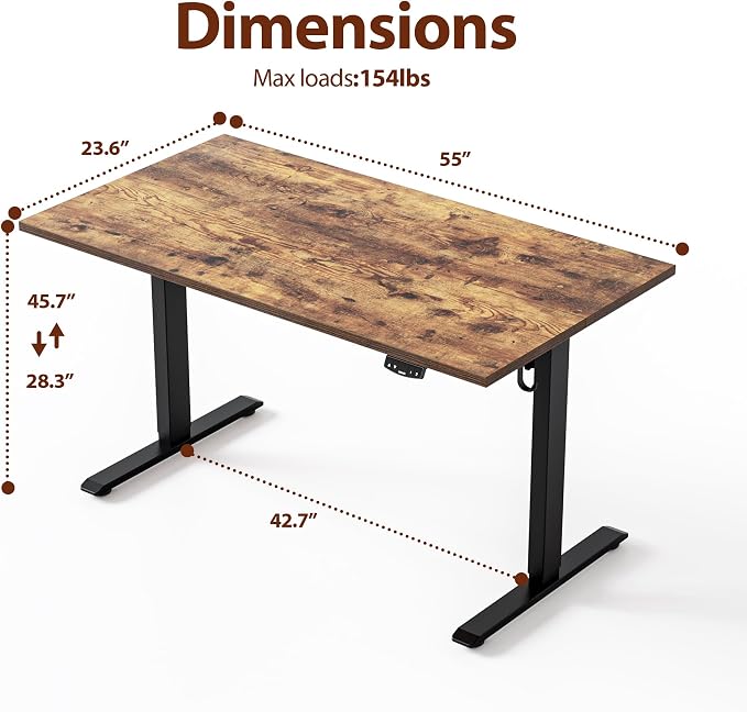 Agilestic Electric Height Adjustable Standing Desk, 55 Inch, Rustic Brown | Smooth Height Adjustment, Memory Presets, Hooks, Stable Steel Frame,154 lbs Capacity, Easy Assembly, Splice Board - Image 2