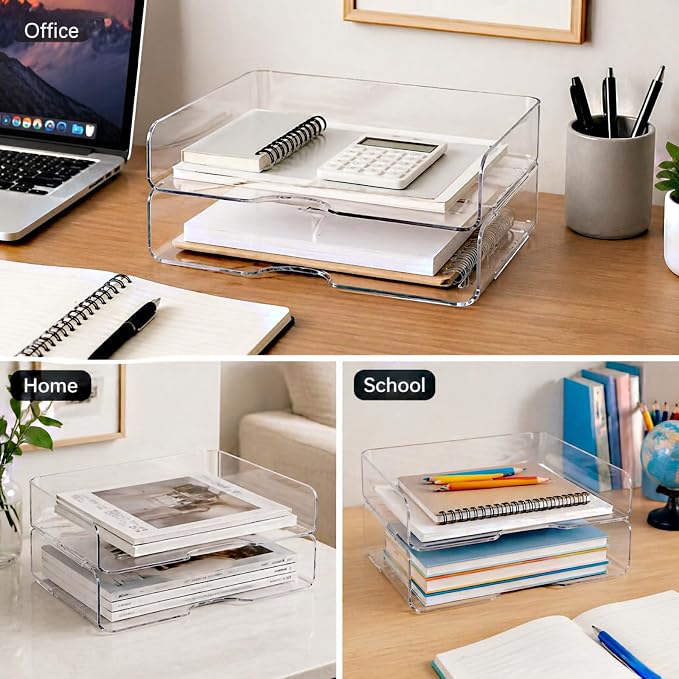 DCA 2 Tier Desk Organizer, Clear Paper Tray File Organizer | Stackable Letter Tray | Office, Home & School | Large Capacity - Image 7
