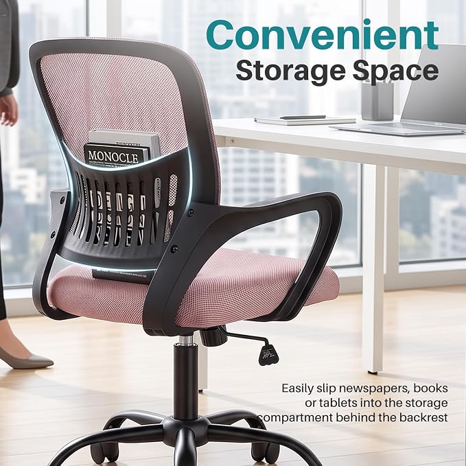 OLIXIS Ergonomic Office Desk Chair, Mid-Back Executive Computer Chair | Fixed Armrest, Rocking Mode, Height Adjustable, 360° Rolling Swivel Adults, Student, Pink - Image 5