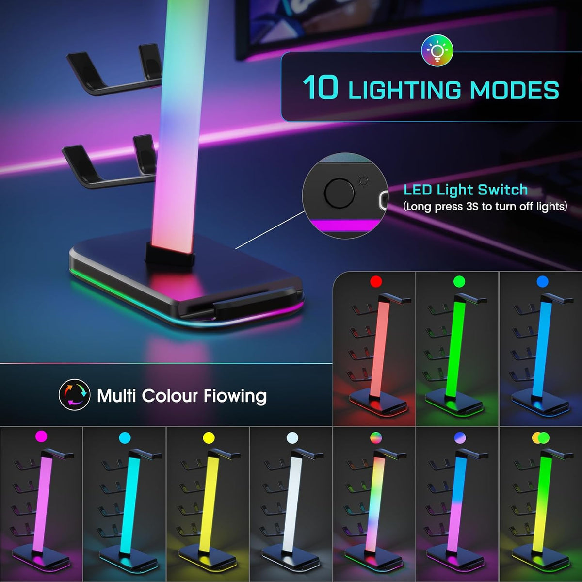 Gaming Headphones Stand with Charging Station, RGB Headset Stand with 10 Light Modes, 4 Controller Holder with 1 USB & 2 Type-C Charging Ports - Earphone Hook for PC Desktop Gamer Accessories Storage - Image 2