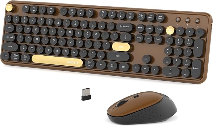 Colorful Wireless Computer Keyboards Mouse Combos (Black Brown) | UBOTIE Polychrome Round Keycaps Retro PC keyboards 2.4GHz Radio Frequency Connection With Optical Mouse Power Switch by UBOTIE