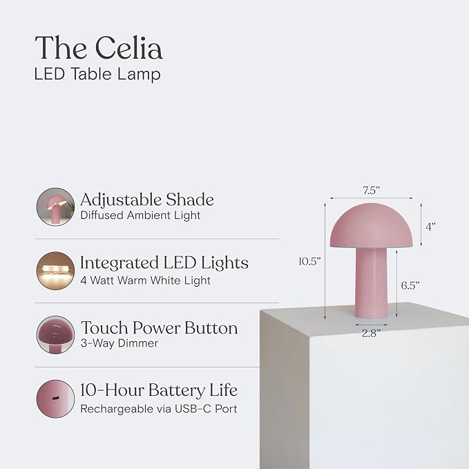 Brightech Celia Mood Lamp – 10" Touch-Controlled Mushroom Table Lamp, Cordless & Dimmable LED, Portable & Rechargeable Bedside Night Light, Sustainable Recycled Modern Patio Lamp for Home Décor – Pink - Image 3