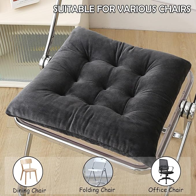 6 Pack Square Seat Cushion Chair Pads for Kitchen Dining Chairs, Soft Comfort Velvet Chair Mat Pillow Cushions with Ties for Office Desk Living Room Tatami 15.5", Dark Gray - Image 5