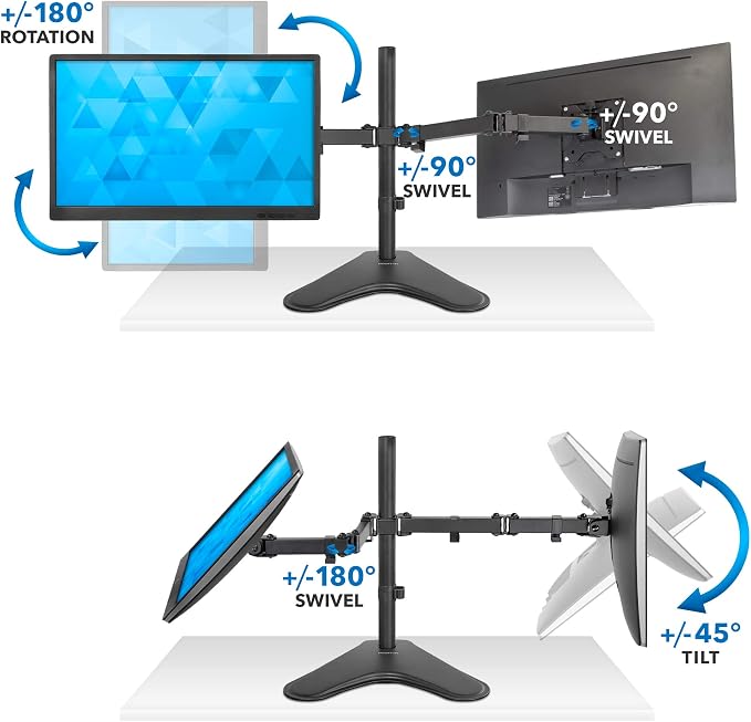Mount-It! Dual Monitor Stand for Desk - Double Monitor Mount for 2 Screens up to 32 Inch and 17 Lbs - Free-Standing Base Swivel, Tilt, Rotates 360 Adjustable Arms - VESA Compatible High Grade Steel - Image 5