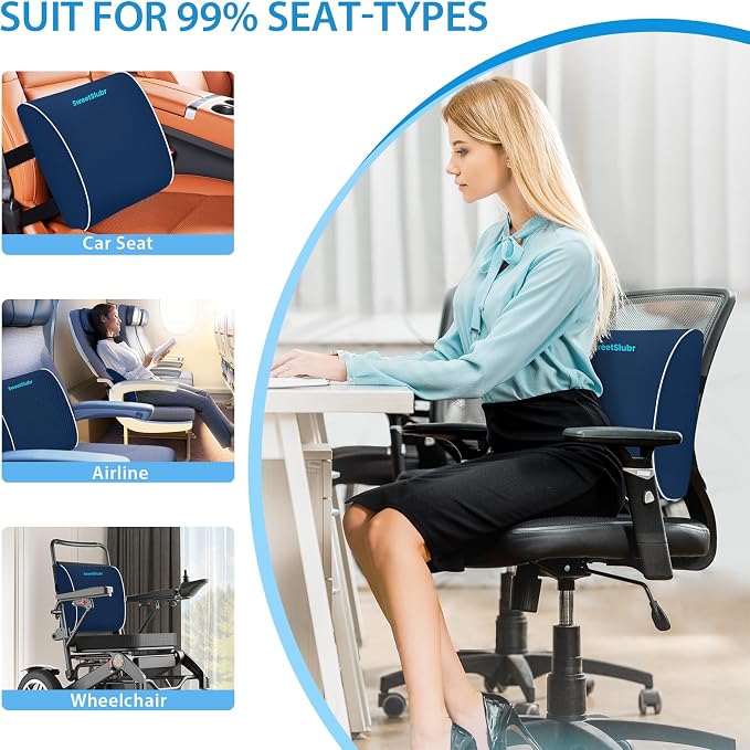 SweetSlubr Lumbar Support Pillow for Office Chair, Back Support(Blue,Large) | 3.9" Thick, Memory Foam, Adjustable Straps, Machine Washable Mesh Cover, Lower Back Pain Relief for Office, Car & Gaming - Image 7