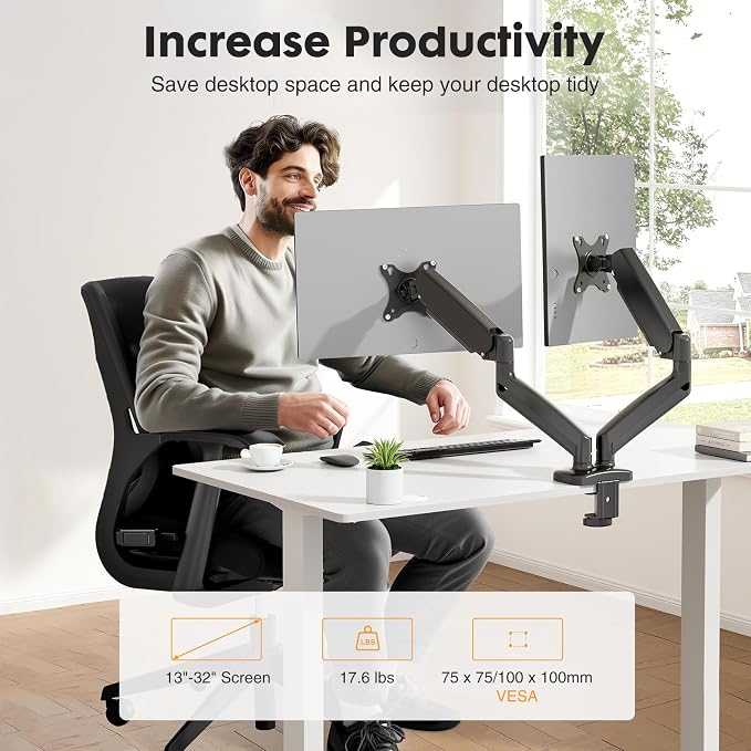 DUMOS 2Pcs Dual Monitor Mount for Desk, Gas Spring Monitor Arm for 2 Monitors Max 32 Inches, Fully Adjustable Double VESA Mount with C-Clamp/Grommet Base, Holds Screen 17.6 lbs - Image 3
