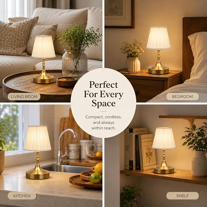 Gold Small Cordless Table Lamp Rechargeable,Mini Lamp - Kitchen Countertop | Battery Operated｜Touch Lamp｜Portable｜Restaurant Table｜Bookshelf | Counter Top ｜Wireless ｜Vintage｜Home Decor｜Farmhouse Boho - Image 2