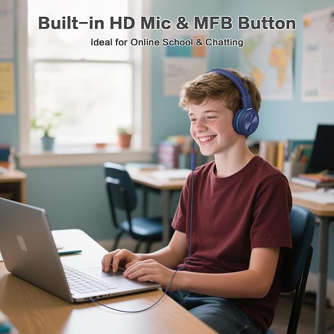 SIMOLIO Manyshare Series- Wired Kids Headphones for School with Microphone, Volume Limiting & Noise Cancelling PC Headset with Cord & Carry Pouch, Plug in Headphones for Tablet, Laptop (Navy Blue) - Image 3