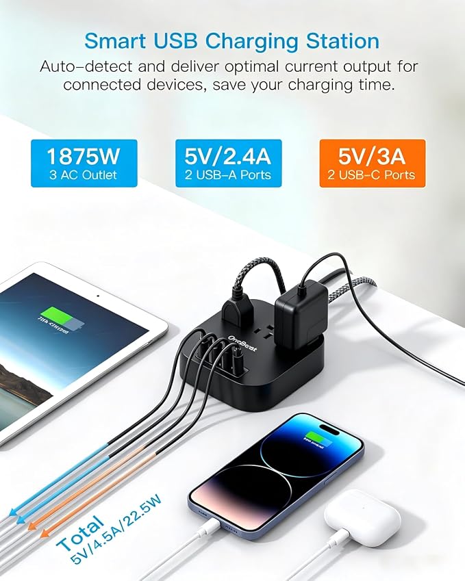 One Beat Power Strip with USB C, 3 Outlets 4 USB Ports, 10ft Braided Extension Cord, 22.5W Desktop Charging Station, Flat Plug, Non Surge Protector, Home Office Travel Cruise, ETL Listed, Black - Image 2