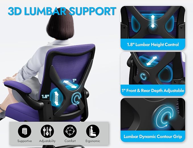 Office Chair: Mesh Ergonomic Desk Chair with 3D Lumbar & Swivel | 330LBS Computer Chair-Executive Task Work Chairs with Flip-up Arms Home Office Desk Chairs Gaming Chair for Long Hour(Purple) - Image 6