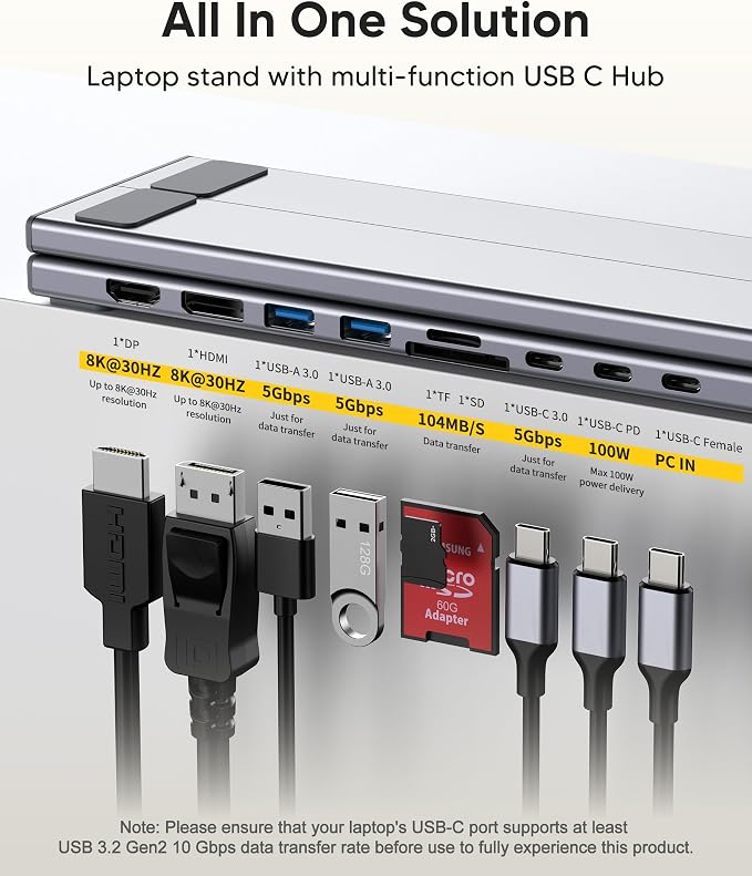 9 in 1 USB C Laptop Dock Stand with HDMI+DP,4K Dual Monitor PD 100W | Single 8K for Windows DP 1.4 or Dual 4K for Win and Mac,2 USB A 3.0, PD 100W, USB C 3.0+SD&TF for Mac Windows, Mac, ChromeOS - Image 2