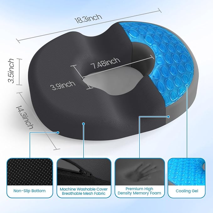 Donut Pillow Seat Cushion, Cooling Gel Memory Foam Chair Cushion, Grey | Office, Home & Car Seat Cushion, Butt Pillow for Tailbone Pain Relief, Hemorrhoids and Everyday Sitting Comfort - Image 2