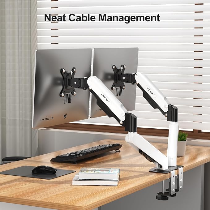 MT-VIKI Dual Monitor Stand - Gas Spring Double Monitor Arm with Quick Release VESA Plates for 2 Screens 17-32 Inch, Full Motion Articulating Desk Mount, Holds 4.4-19.8lbs - Image 4