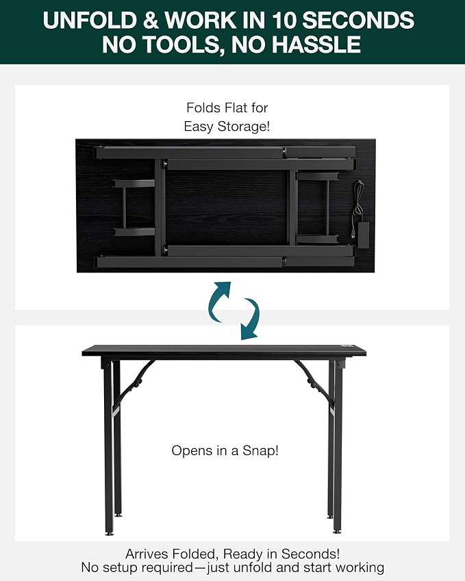 Small Folding Computer Desk – 43.3 Inch Portable Table for Craft and Study, Lightweight Desk for Small Spaces, Foldable Laptop Table Built-in AC/USB Outlets for Convenience, Dark Oak - Image 3