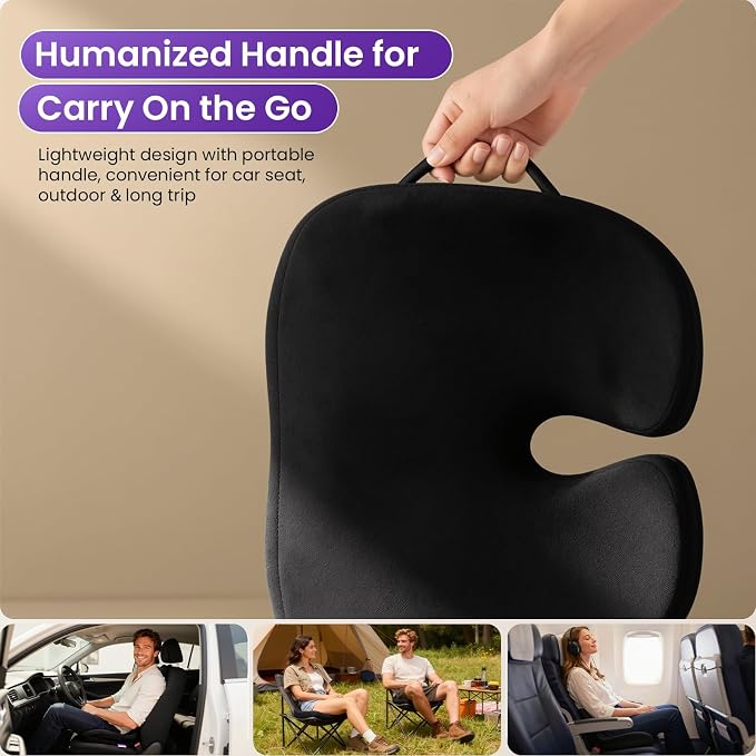 ZZ-WELL Seat Cushions for Office Chairs, Patented Pressure Relief Coccyx Cushion for Tailbone Pain, Memory Foam Butt Pillows for Wheelchair Car Sitting, Carrying Handle, Non-Slip (Black, Large) - Image 3