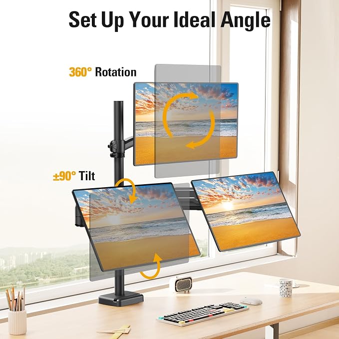 Triple Monitor Mount up to 32" Computer Screen, up to 19.8lbs Each, Adjustable 3 Monitor Stand with Clamp & Grommet Kit, Gas Spring Arm with Tilt Swivel Rotate, VESA Mount 75x75/100x100mm - Image 4