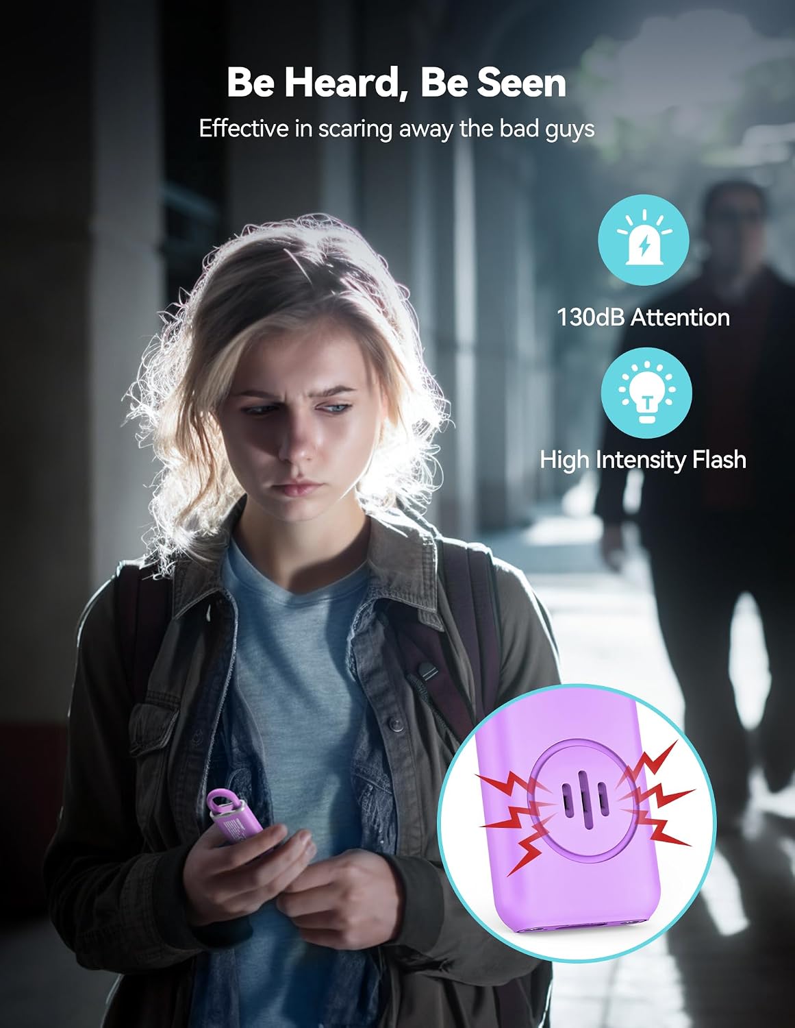 TECKNET Rechargeable Personal Safety Alarm for Women, 130dB Self Defense Keychain Alarm with SOS Strobe Light, Low Battery Notice, Loud Siren Safety Keychain for Girls Kids Elderly - Purple - Image 2