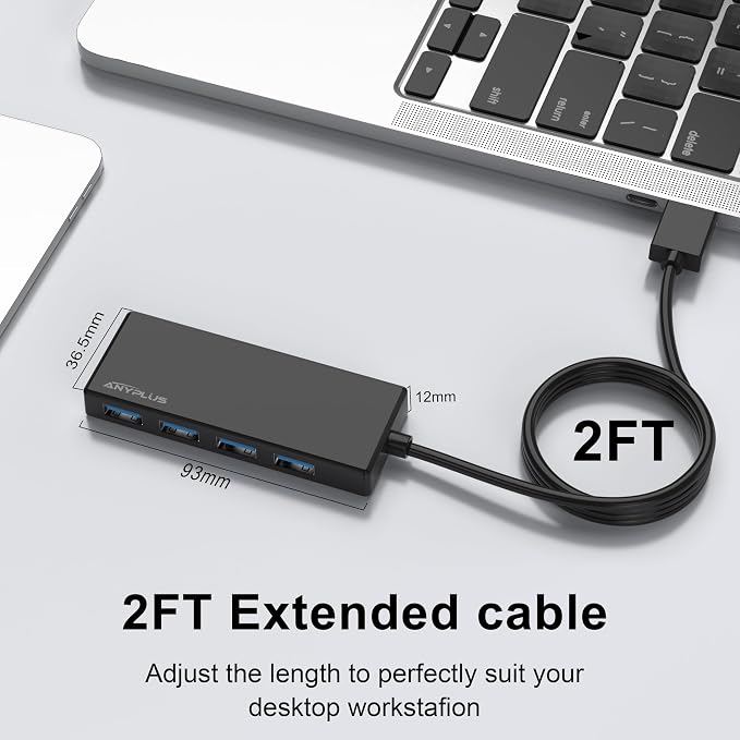 USB Hub, Multiport USB Splitter Adapter, 2 ft Long Cable USB 3.0 Hub, USB Extender for Laptop, PC, iMac, Surface Pro, MacBook, Mac Pro, Flash Drive, XPS, Mouse, HDD, Black, HJ-Black-0.5M-001 - Image 4
