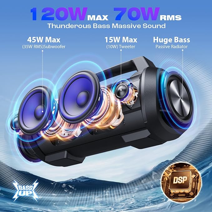W-KING Portable Bluetooth Speaker, 120W Peak Loud Bass Boombox Outdoor | 70W Subwoofer, Stereo Pair, Deep Bass, 4 Drivers, IPX6, BT5.4, EQ, 42H, RGB, TF, Wireless Outdoor Speaker, 110dB Party Music - Image 2