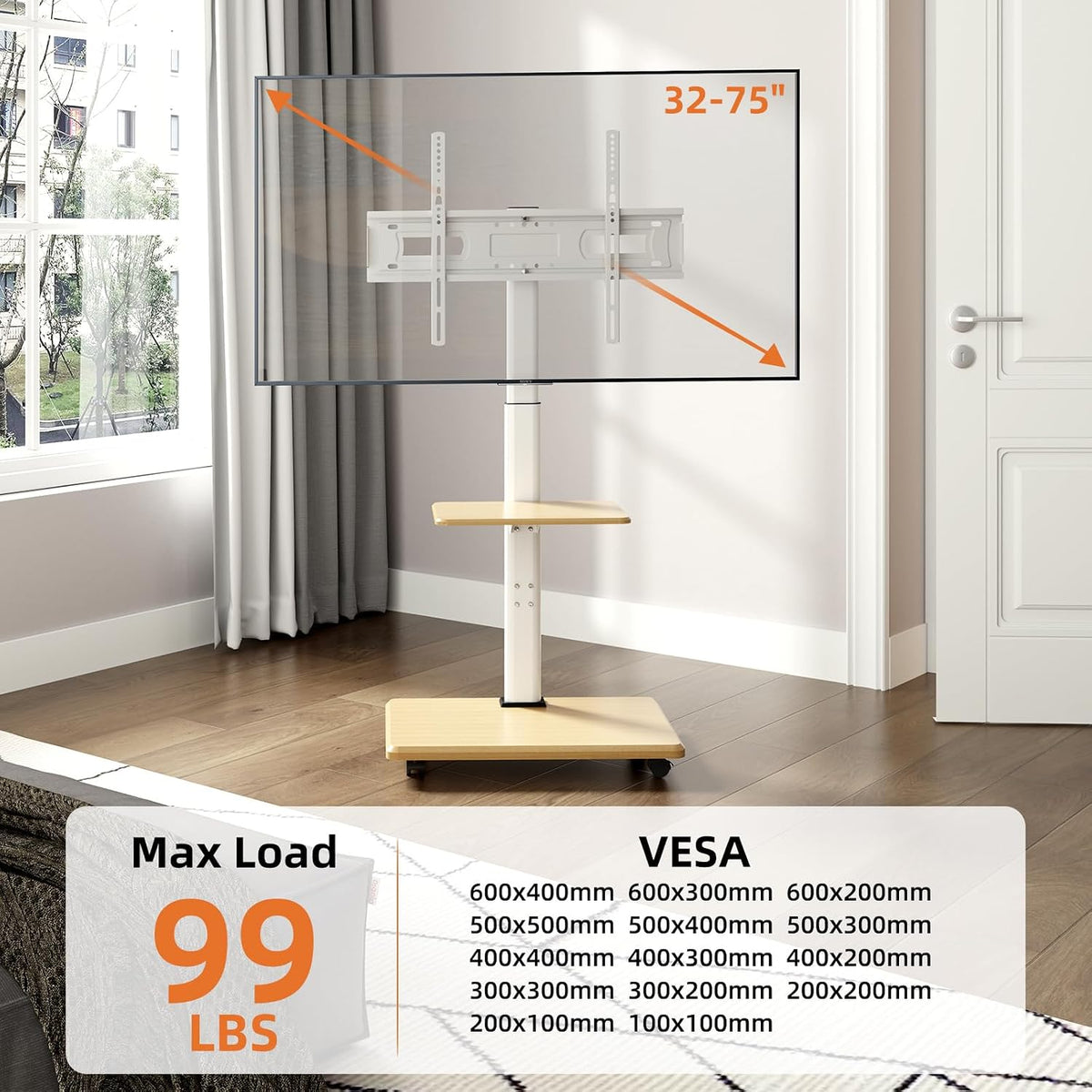 Rolling TV Stand with Wheels for 32-75 Inch TVs - Image 2