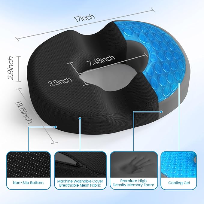 Donut Pillow Seat Cushion, Cooling Gel Memory Foam Chair Cushion, Black | Office, Home & Car Seat Cushion, Butt Pillow for Tailbone Pain Relief, Hemorrhoids and Everyday Sitting Comfort - Image 2