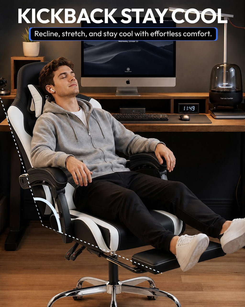 Dowinx Ergonomic Gaming Chair with Footrest & Massage Lumbar, 2D-Linkage Armrests for Computer Chair 330lbs with Headrest Pillow for Office, Home, Streaming and Long Gaming Sessions, Fabric White - Image 5