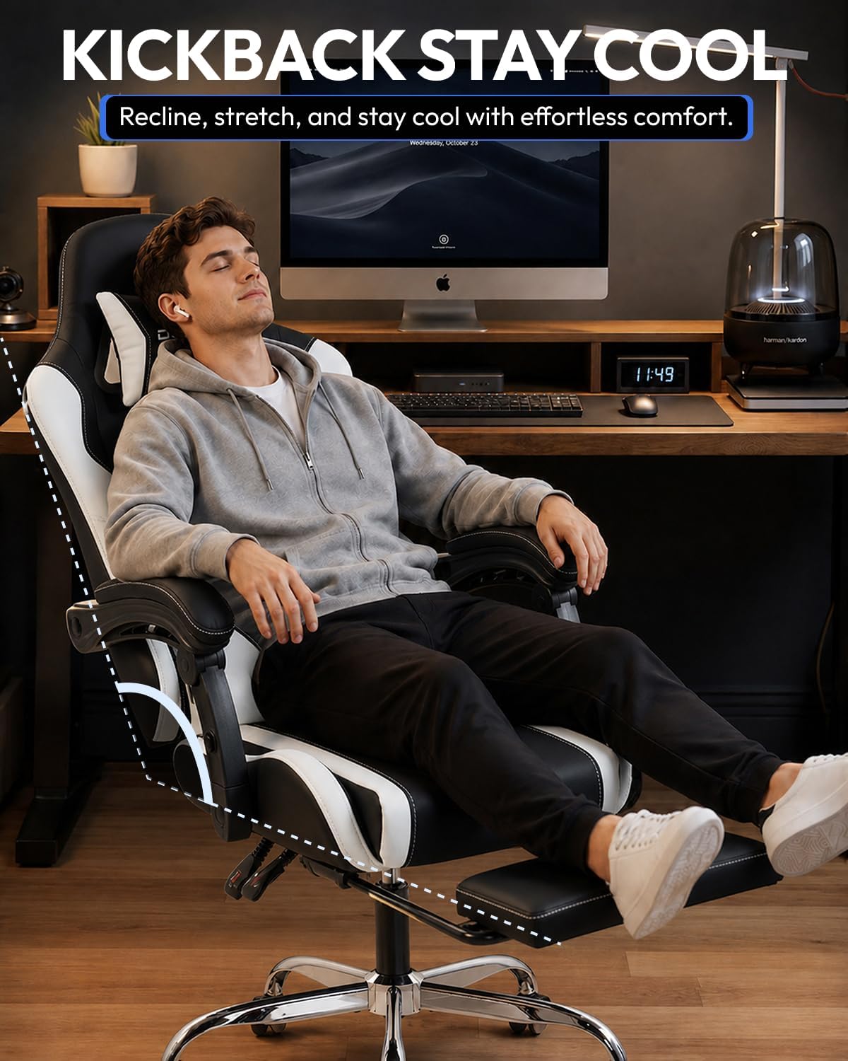 Dowinx Ergonomic Gaming Chair with Footrest & Massage Lumbar, 2D-Linkage Armrests for Computer Chair 330lbs with Headrest Pillow for Office, Home, Streaming and Long Gaming Sessions, Fabric White - Image 5