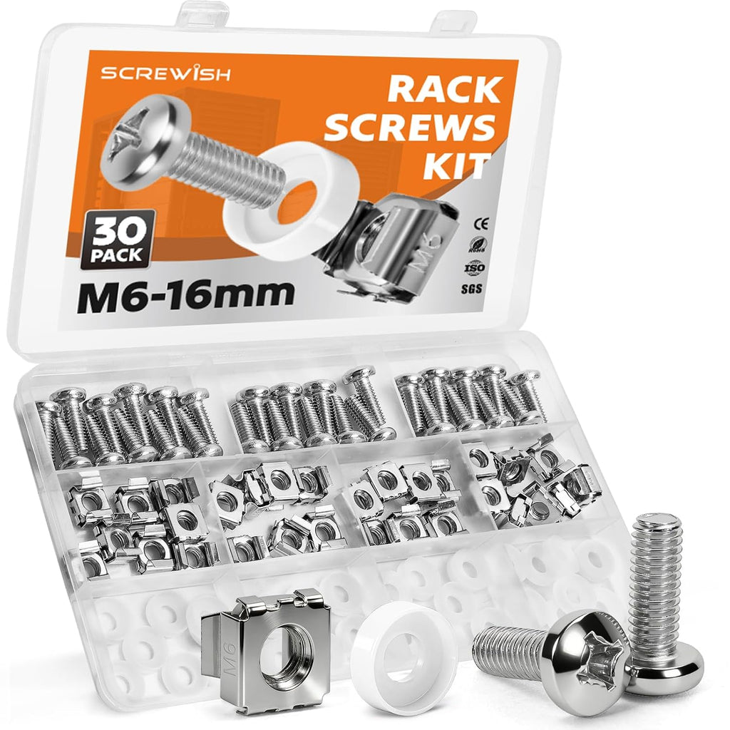 M6 x 16mm Rack Screws Kit, Cage Nuts, 30 Sets, Silver by Screwish