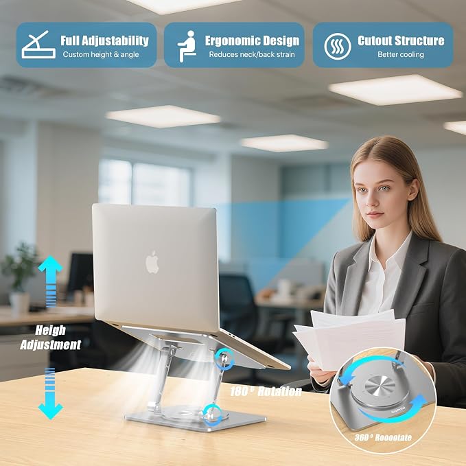 Laptop Stand for Desk, Adjustable Height & Angle Portable Aluminum Laptop Riser & Monitor Stand with 360° Swivel, Foldable Ergonomic Computer Stand for 10-17 Inch Laptops (MacBook/Dell/HP), Silver. - Image 2