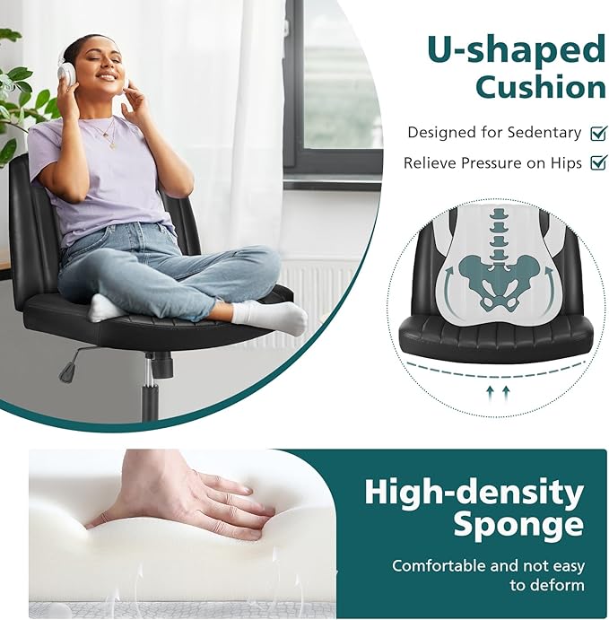 OLIXIS Criss Cross Chair, Vanity Chair, Home Office Desk | Armless No Wheels Wide Seat, Height Adjustable Swivel, Padded PU Leather, Bedroom Student Study, Black Dual Base - Image 4