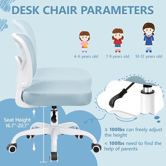 Kids Desk Chair, Pink Study Chair for Boys Girls with Height Adjustable, Swivel Mesh Task Student Chairs for 4-12, Growing Teen Office Chair for Home/School/Office(Light Blue) - Image 3