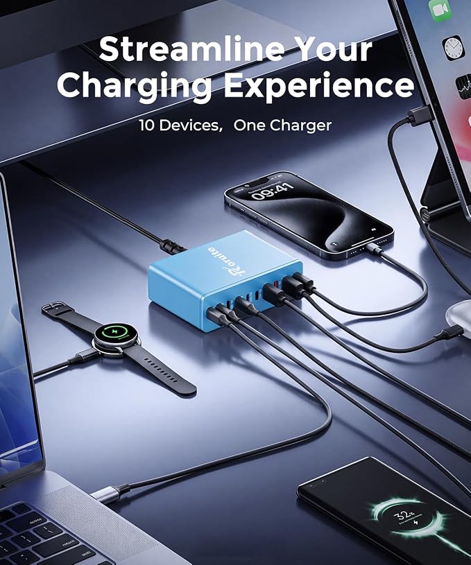 USB C Charging Station 10 Port with 4 Cables,245W GaN Charger Block | Type C Wall Charger Power Strip Adapter Plug for iPad iPhone17 16 15 14 13 12 Pro Max Pixel Note Galaxy Blue - Image 4