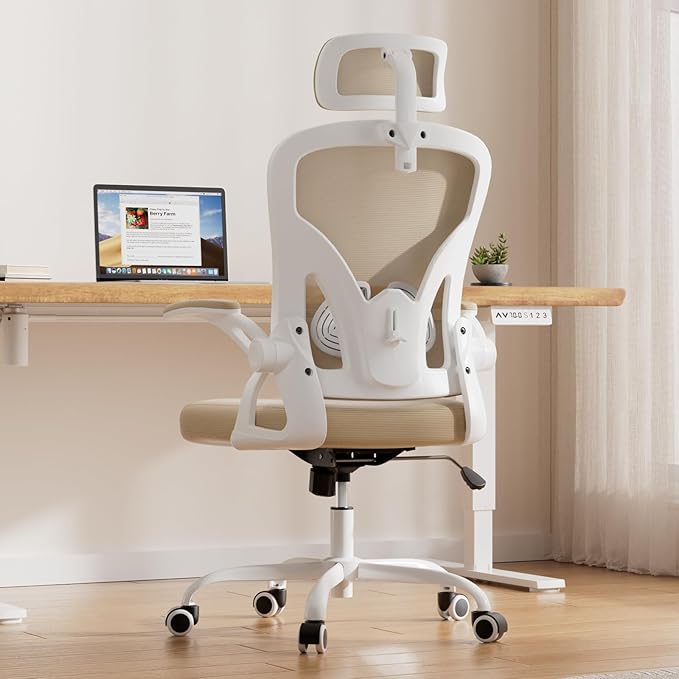 Farini Ergonomic Office Chairs with Headrest, Set of 4, White & Khaki | High Back Swivel Computer Chair, Adjustable Armrests and Lumbar Support,Desk Chair for Home Office Bedroom - Image 2